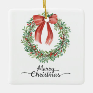 Wasserfarbene Weihnachtsgirlande rotes Band Frohe Keramikornament