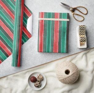 Wasserfarbene Weihnachtsstreifen grün-rotes Muster Geschenkpapier