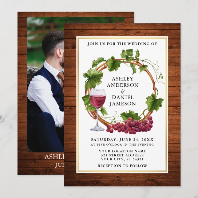 Wasserfarbene Weintrauben Foto Hochzeit von Waldbr Einladung (Vorne/Hinten)