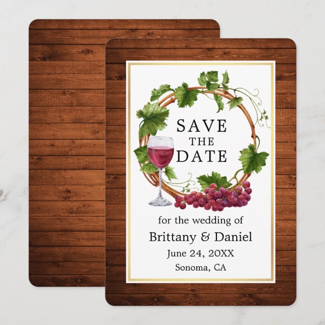 Wasserfarbene Weintrauben Rustikales Holz Save The Date (Vorne/Hinten)