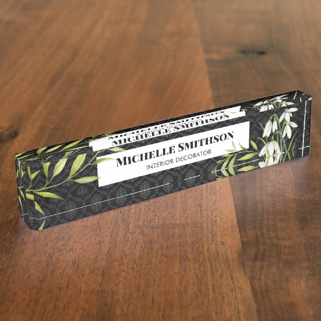 Wasserfarbene weiße Schneeröcke und Laurel Damask Namensplakette (Seite)