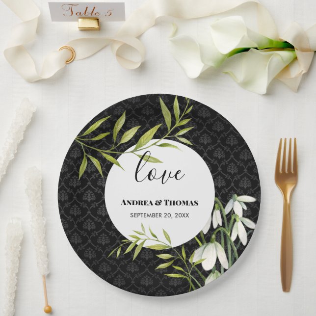 Wasserfarbene weiße Schneeröcke und Laurel Damask Pappteller (Hochzeit)