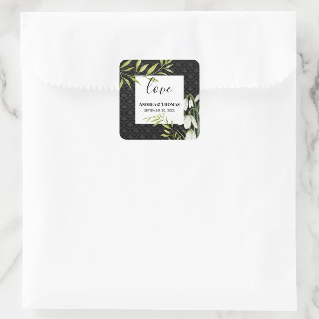 Wasserfarbene weiße Schneeröcke und Laurel Damask Quadratischer Aufkleber (Tasche)