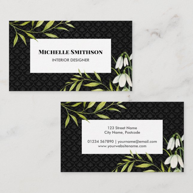 Wasserfarbene weiße Schneeröcke und Laurel Damask Visitenkarte (Vorne/Hinten)