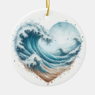 WASSERFARBENE WELLEN IM HERZEN AM STRAND KERAMIK ORNAMENT
