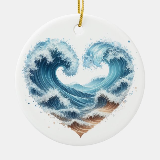 WASSERFARBENE WELLEN IM HERZEN AM STRAND KERAMIK ORNAMENT (Vorne)