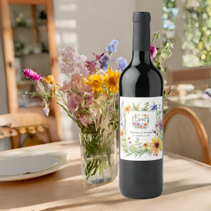 Wasserfarbene Wildblumen Hochzeit im Garten Weinetikett