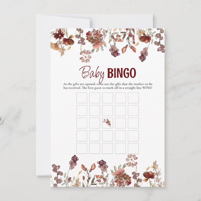 Wasserfarbene Wilde Blume Baby Bingo Game Card Mitteilungskarte (Vorderseite)
