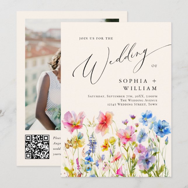 Wasserfarbene Wilde Blume Hochzeitsstich Foto QR-C Einladung (Vorne/Hinten)