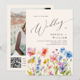 Wasserfarbene Wilde Blume Hochzeitsstich Foto QR-C Einladung
