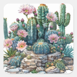 Wasserfarbene Wüste Blume Kakteen. Quadratischer Aufkleber