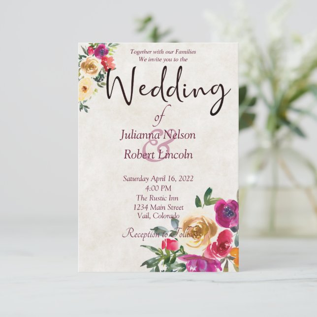 Wasserfarbene Zitrone und Magenta Hochzeit mit Blu Einladung (Stehend Vorderseite)