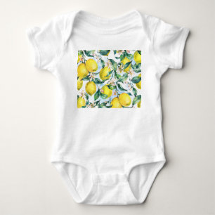 Wasserfarbene Zitronen, frischer Zitruszweig. Baby Strampler