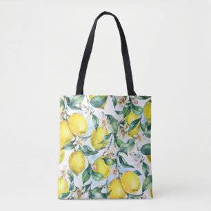 Wasserfarbene Zitronen, frischer Zitruszweig. Tasche