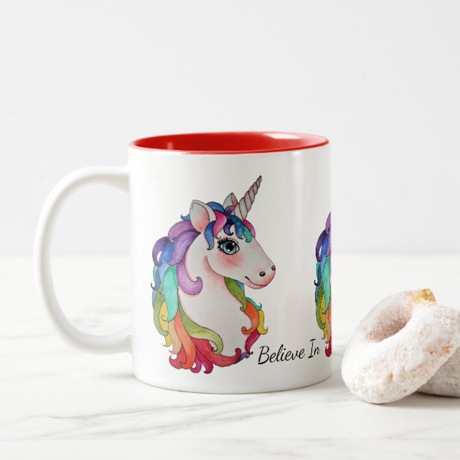 Wasserfarbeneintöne mit Regenbogenhaar Zweifarbige Tasse (Mit Donut)