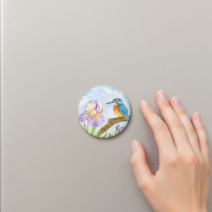 Wasserfarbeneisvogel mit violetten Schwertlilien Magnet