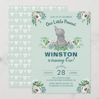WasserfarbenElefant Minze Grüne Blüte 1. Geburtsta Einladung