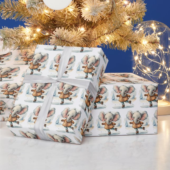 WasserfarbenElefanten Ice-Skaten Geschenkpapier (Feiertage)