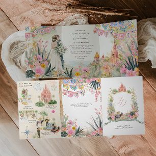 Wasserfarbenen Hochzeit San Miguel de Allende Dreifach Gefaltete Einladung