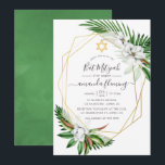 Wasserfarbener Bat Mitzvah Einladung<br><div class="desc">Tropische Blätter und weiße Magnolias Fledermäuse Mitzvah laden mit goldenem geometrischem Rahmen und eleganter Handschrift Typografie ein.</div>