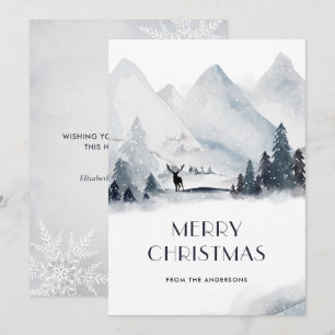 Wasserfarbener Berg Deer Snowflake Weihnachtskarte Feiertagskarte