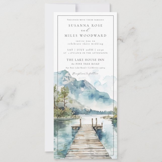 Wasserfarbener Bergsee-Hochzeitspreis Einladung (Vorderseite)