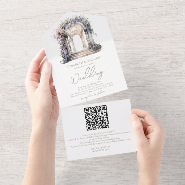 Wasserfarbener Blumenbogen Hochzeitsszenario Rsvp  All In One Einladung (Abreißen)
