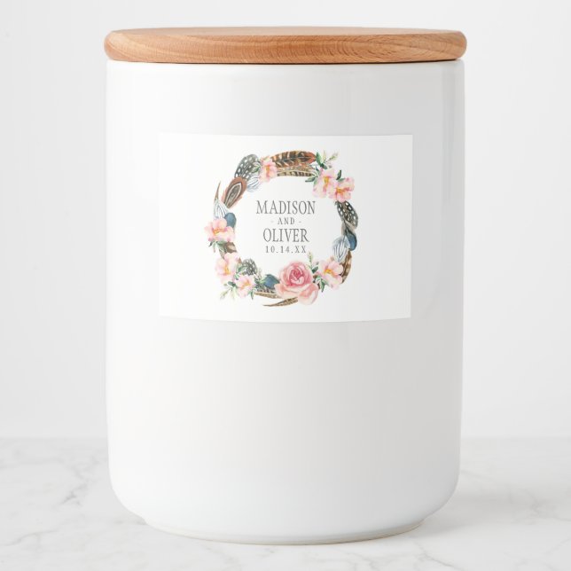 Wasserfarbener Blumenstrauß mit Federn | Hochzeit Lebensmitteletikett (Vorderseite)