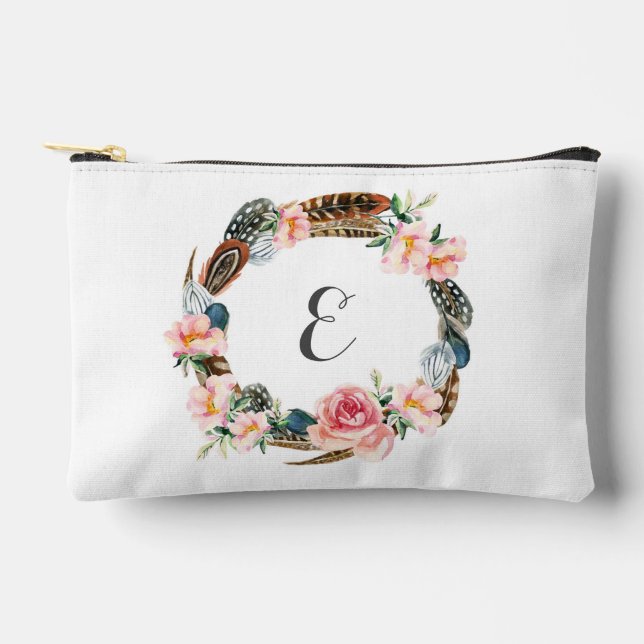 Wasserfarbener Blumenstrauß mit Federn | Monogramm Zubehörtasche (Vorderseite)