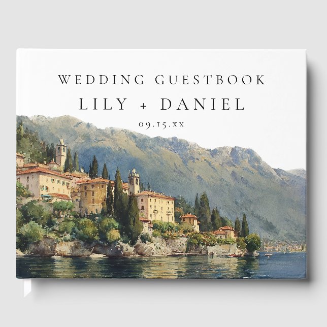 Wasserfarbener Comer See Italien Hochzeit Foto Gästebuch (Vorderseite)