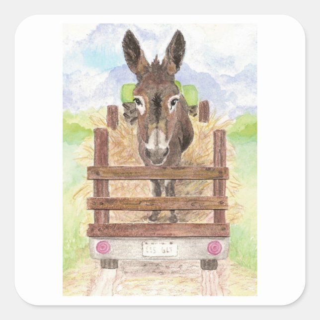 Wasserfarbener Donkey Burro Niedliche Farm Landwir Quadratischer Aufkleber (Vorderseite)