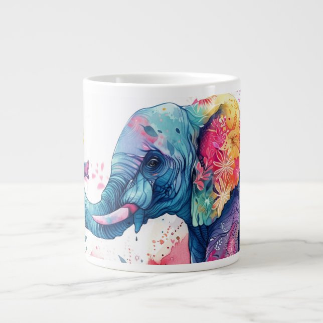 Wasserfarbener Elefant mit Blume. Jumbo-Tasse (Vorderseite)