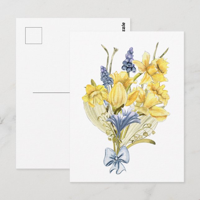 Wasserfarbener Frühlingsbuquet mit gelben affodien Postkarte (Vorne/Hinten)