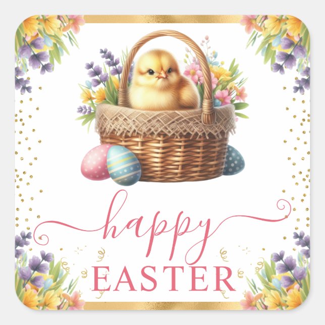 Wasserfarbener Frühlingskorb Ostern Quadratischer Aufkleber (Vorderseite)