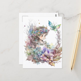 Wasserfarbener Garten Girl - Schmetterling Postkarte