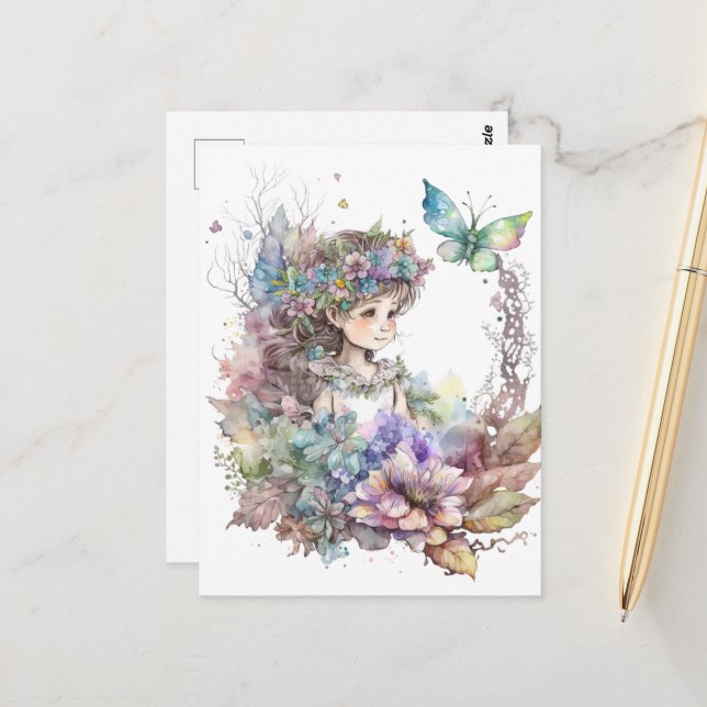 Wasserfarbener Garten Girl - Schmetterling Postkarte (Vorderseite/Rückseite Beispiel)