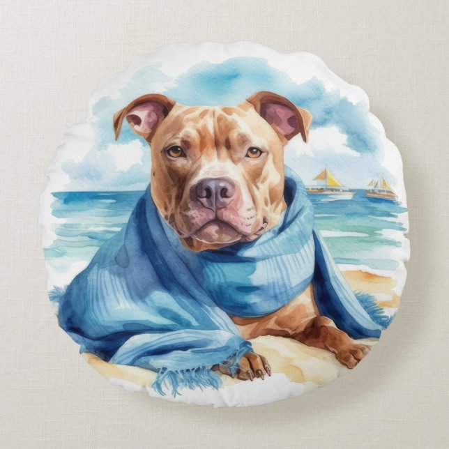 WASSERFARBENER GIPFELTERRIER AM STRAND RUNDES KISSEN (Vorderseite)