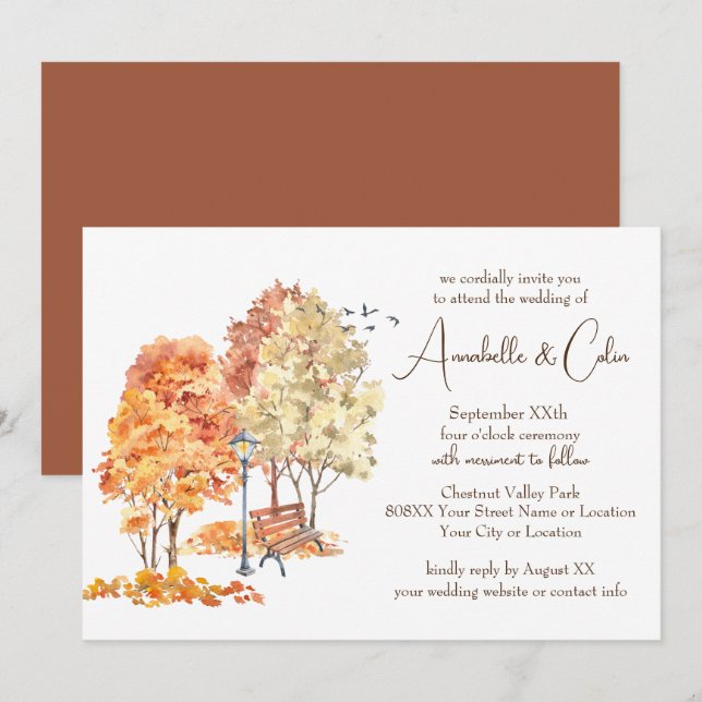 Wasserfarbener Herbst im Park Hochzeit Einladung (Vorne/Hinten)