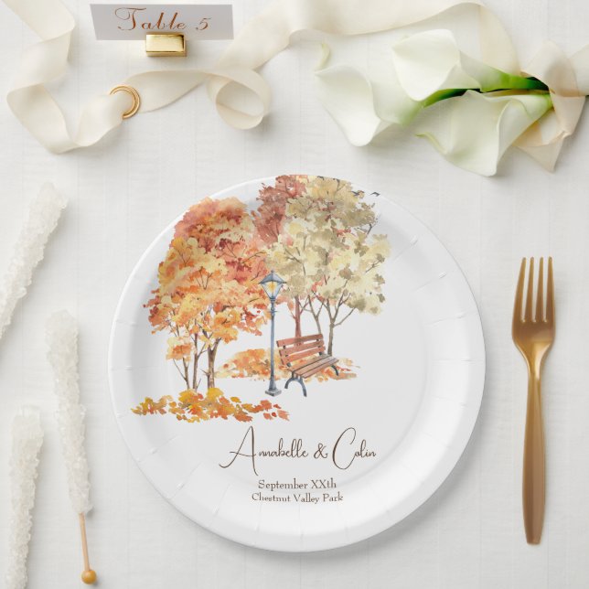 Wasserfarbener Herbst im Park Hochzeit Pappteller (Hochzeit)