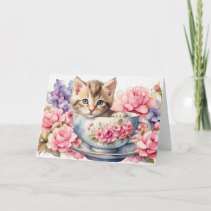 Wasserfarbener Kitten im Teacup mit Blume Karte