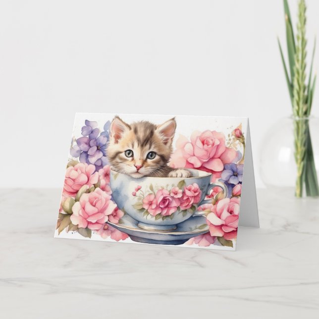 Wasserfarbener Kitten im Teacup mit Blume Karte (Vorderseite)