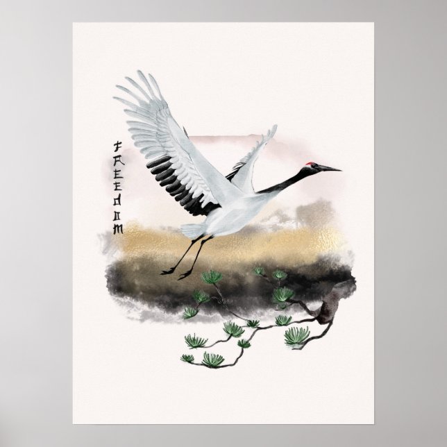 Wasserfarbener Kranich Freiheit Japanische Kunst Poster (Vorne)