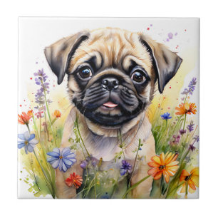 Wasserfarbener Mops Welpe in Wildblumen Fliese
