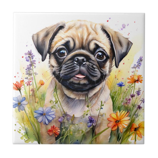 Wasserfarbener Mops Welpe in Wildblumen Fliese (Vorderseite)