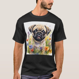 Wasserfarbener Mops Welpe in Wildblumen T-Shirt