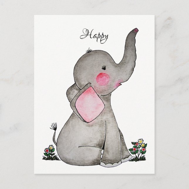 Wasserfarbener Niedlicher Baby-Elefant mit winzige Postkarte (Vorderseite)