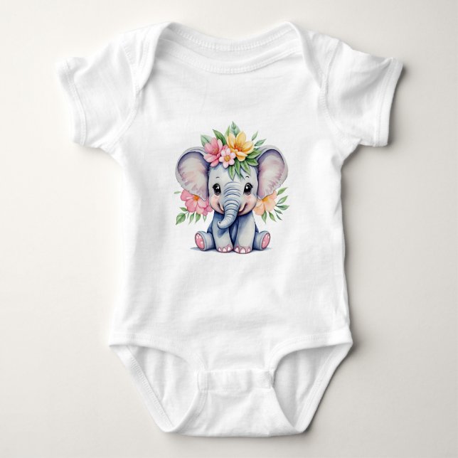 Wasserfarbener Niedlicher Elefant mit Blume Baby Strampler (Vorderseite)