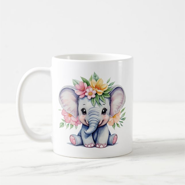 Wasserfarbener Niedlicher Elefant mit Blume Kaffeetasse (Links)
