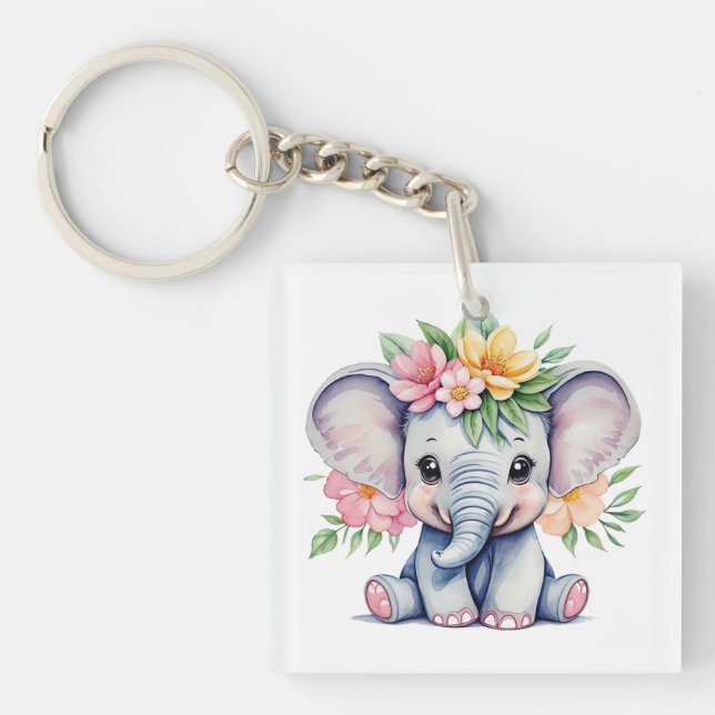Wasserfarbener Niedlicher Elefant mit Blume Schlüsselanhänger (Vorderseite)