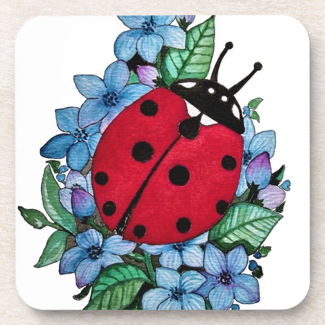 Wasserfarbener Niedlicher Ladybird mit blauen Blum Getränkeuntersetzer (Vorderseite)